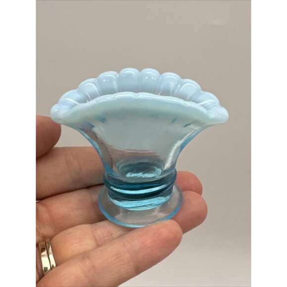 Vintage Fenton #37 Blue Opalescent Glass Mini Fan Vase Toothpick Ruffle - Picture 1 of 12